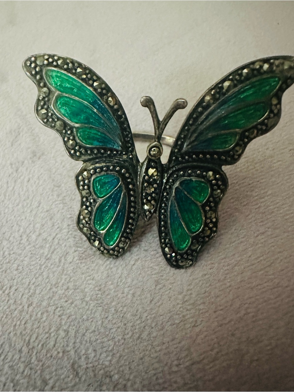 Vintage 925 Thailand Green Cloissonne Enamel Marcasite Butterfly Statement Ring